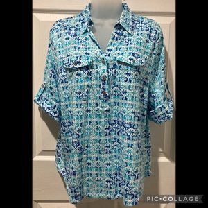 {SALE} Cathy Daniels 3/4 sleeve blue pattern top -XL-